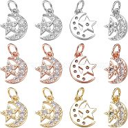 Nbeads 12Pcs 3 Colors  Brass Micro Pave Cubic Zirconia Charms, with Jump Ring, Long-Lasting Plated, Moon with Star, Mixed Color, 12x9x2mm, Hole: 3mm, 4pcs/color(ZIRC-NB0001-81)