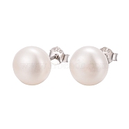 Pearl Ball Stud Earrings, with Sterling Silver Pin, Carved 925, Platinum, Creamy White, 8.5~9mm(X-EJEW-Q701-01C)