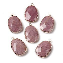 Natural Rhodonite Faceted Pendants, Golden Tone Brass Egg Charms, 26.5x17.5x5.5mm, Hole: 1.6mm(G-Q169-01G-01)