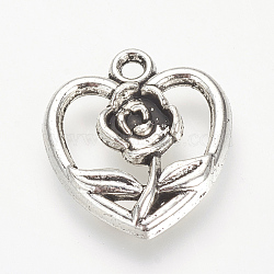 Tibetan Style Alloy Pendants, Heart with Flower, Cadmium Free & Nickel Free & Lead Free, Antique Silver, 17.5x16x2.5mm, Hole: 2mm(X-TIBE-S303-19AS-NR)