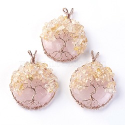 Natural Citrine & Rose Quartz Big Pendants, with Rose Gold Tone Brass Findings, Flat Round with Tree of Life, 58~61.5x44~48x14~16.5mm, Hole: 4~5x3.5~6mm(G-G771-B05)