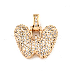 Brass Micro Pave Clear Cubic Zirconia Pendants, Real 18K Gold Plated, Letter W, 31x20x5mm, Hole: 3x6mm(KK-B099-01G-W)