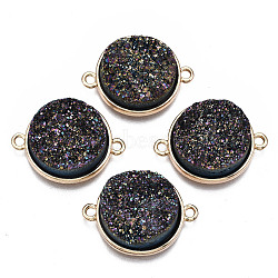 Natural Druzy Agate Links Connectors, with Light Gold Brass Findings, AB Color Plated, Dyed, Flat Round, Colorful, 24x18x6.5~7.5mm, Hole: 1.8mm(G-T131-86B)