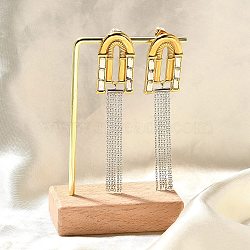 304 Stainless Steel Two Tone Dangle Stud Earrings, Arch with Chain, Golden & Stainless Steel Color, 78x17.5mm(EJEW-F355-01GP)