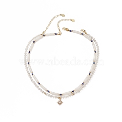 Natural White Jade & Crystal Beaded Necklaces, Brass Micro Pave Cubic Zirconia Charm Necklace Sets, for Woman, Golden, 14-1/4~15-3/4 inch(36.1~40.2cm), 2pcs/set(NJEW-JN04137)