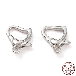 Anti-Tarnish Rhodium Plated 925 Sterling Silver Lobster Claw Clasps, Heart, Platinum, 12x9.5x3mm, Hole: 1.2mm(STER-K173-19P)