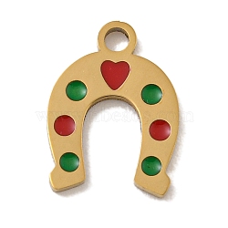 Christmas Theme 304 Stainless Steel Enamel Charms, Real 14K Gold Plated, Horseshoe, 12x9x1mm, Hole: 1mm(STAS-Z093-02L)