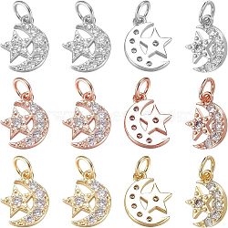 Nbeads 12Pcs 3 Colors  Brass Micro Pave Cubic Zirconia Charms, with Jump Ring, Long-Lasting Plated, Moon with Star, Mixed Color, 12x9x2mm, Hole: 3mm, 4pcs/color(ZIRC-NB0001-81)