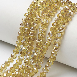 Electroplate Glass Beads Strands, Half Plated, Rainbow Plated, Faceted, Rondelle, Olive, 4x3mm, Hole: 0.4mm, about 123~127pcs/strand, 16.5~16.9 inch(42~43cm)(EGLA-A034-T4mm-K17)