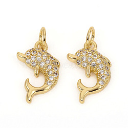 Brass Micro Pave Cubic Zirconia Charms, with Jump Rings, Dolphin, Clear, Golden, 14x9x2.5mm, Jump Rings: 4.8x0.8mm, 3.2mm Inner Diameter(ZIRC-L096-09G)