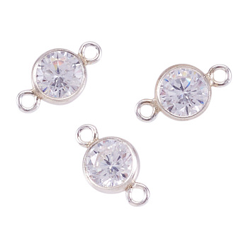 925 Sterling Silver Pave Cubic Zirconia Connector Charms, Flat Round Links, Platinum, 8.5x4.5x2.5mm, Hole: 0.8mm