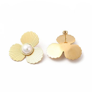 Flower Ion Plating(IP) 304 Stainless Steel Stud Earrings, Plastic Imitation Pearl Earrings for Women, Golden, 36x37.5mm, Pin: 0.8mm