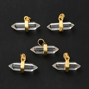 Natural Quartz Crystal Double Terminal Pointed Pendants, Rock Crystal, Faceted Bullet Charm, with Ion Plating(IP) Golden Plated Brass Findings, 9x15~17x7.5mm, Hole: 3.5x2.5mm