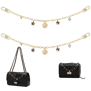WADORN 2Pcs Brass Cable Chains Purse Strap Extenders, with Alloy Enamel & Brass Charms, Flower & Heart, Black, 32.5~33cm