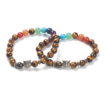 Chakra Jewelry, Round Natural Tiger Eye & Gemstone Stretch Beaded Bracelets, with Alloy Owl Beads, Antique Silver, Inner Diameter: 2-3/8 inch(6cm)