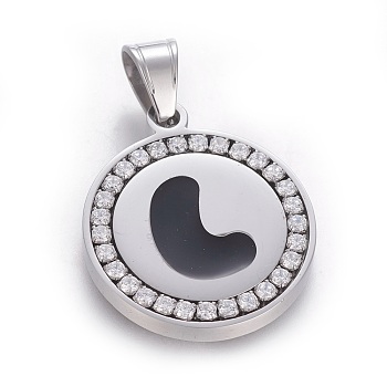 304 Stainless Steel Enamel Pendants, with Cubic Zirconia, Flat Round with Letter, Stainless Steel Color, Clear, Letter.L, 29x25x3mm, Hole: 5.5x8.5mm