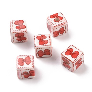 Opaque Printed Acrylic Beads, Cube with Bowknot Pattern, Red, 13.5x13.5x13.5mm, Hole: 3.8mm