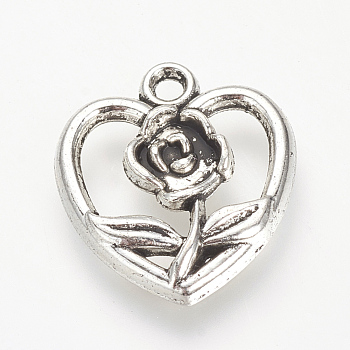 Tibetan Style Alloy Pendants, Heart with Flower, Cadmium Free & Nickel Free & Lead Free, Antique Silver, 17.5x16x2.5mm, Hole: 2mm