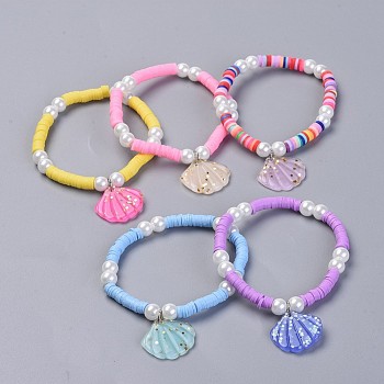 Handmade Polymer Clay Heishi Beads Kids Stretch Bracelets, with Glass Pearl and Resin Paillette Pendants, Shell, Mixed Color, 1-3/4 inch(4.5cm)