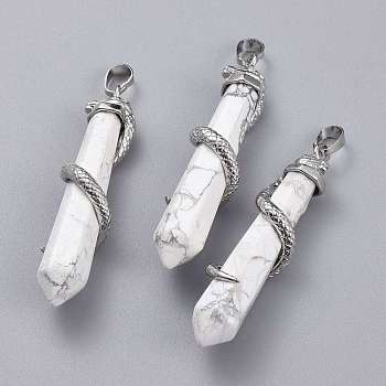 Natural Howlite Big Pointed Pendants, with Platinum Plated Brass Bails, Faceted, Bullet with Snake, 59~61.5x11~12x11~12mm, Hole: 5x8mm