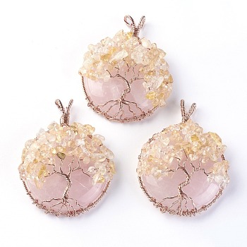 Natural Citrine & Rose Quartz Big Pendants, with Rose Gold Tone Brass Findings, Flat Round with Tree of Life, 58~61.5x44~48x14~16.5mm, Hole: 4~5x3.5~6mm