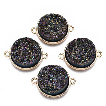 Natural Druzy Agate Links Connectors, with Light Gold Brass Findings, AB Color Plated, Dyed, Flat Round, Colorful, 24x18x6.5~7.5mm, Hole: 1.8mm