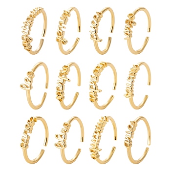 12Pcs 12 Style Brass Cuff Rings, Open Rings, Constellation Word, Real 18K Gold Plated, US Size 7 1/4(17.5mm), 1pc/style