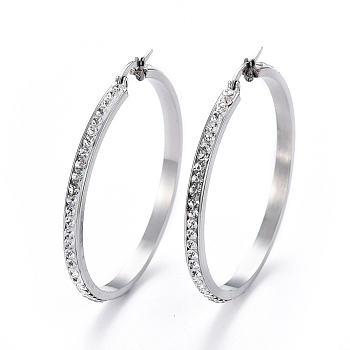 304 Stainless Steel Big Hoop Earrings, with Polymer Clay Rhinestone, Crystal, Stainless Steel Color, 47x46x3mm, Pin: 0.7x1mm