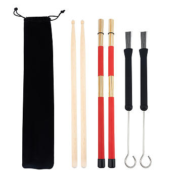 Drum Sticks Set,1 Pair 5A Maple Wood Drum Sticks,1 Pair Retractable Drum Steel Wire Brushes and 1 Pair Bamboo Rods Drum Brushes, with Portable Storage Bag, Colorful, 32.5~40.5x1.5~2.7mm, 3pcs/set