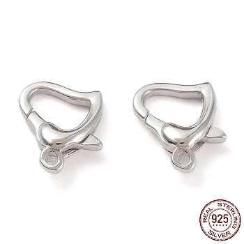 Rhodium Plated 925 Sterling Silver Lobster Claw Clasps, Heart, Platinum, 12x9.5x3mm, Hole: 1.2mm