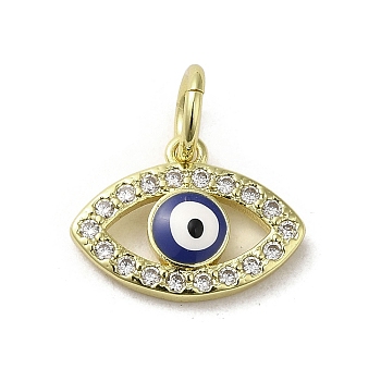 Brass Micro Pave Cubic Zirconia Charms, with Enamel, with Jump Ring, Real 18K Gold Plated, Evil Eye, Midnight Blue, 10.5x14.5x2.5mm, Hole: 3.6mm