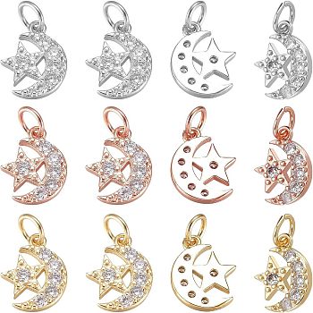 Nbeads 12Pcs 3 Colors  Brass Micro Pave Cubic Zirconia Charms, with Jump Ring, Long-Lasting Plated, Moon with Star, Mixed Color, 12x9x2mm, Hole: 3mm, 4pcs/color