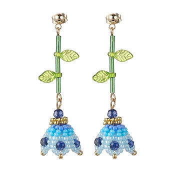 Dyed Natural Agate Dangle Stud Earrings, Glass Seed & Acrylic Flower of Life Long Drop Earrings, Deep Sky Blue, 55x17mm