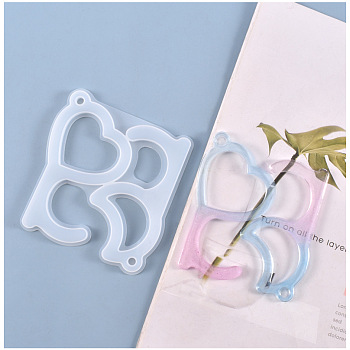 Door Opener Silicone Molds, for Epoxy Resin DIY Touchless Keychain, Heart & Moon, White, 108x108x6mm, Inner Size: 104~107x55~60mm, Hole: 6mm