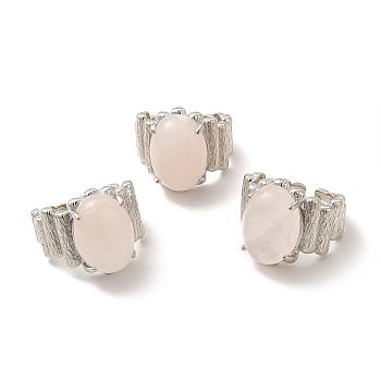 Natural Rose Quartz Oval Open Cuff Ring, Platinum Brass Jewelry for Women, Inner Diameter: 19mm
