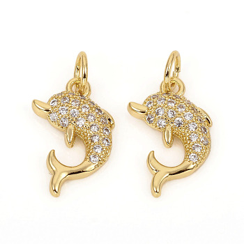 Brass Micro Pave Cubic Zirconia Charms, with Jump Rings, Dolphin, Clear, Golden, 14x9x2.5mm, Jump Rings: 4.8x0.8mm, 3.2mm Inner Diameter