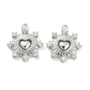 Brass Micro Pave Cubic Zirconia Charms, Heart, Real Platinum Plated, 14.5x13x2mm, Hole: 1.2mm