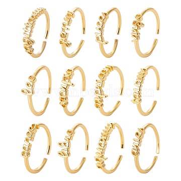 12Pcs 12 Style Brass Cuff Rings, Open Rings, Constellation Word, Real 18K Gold Plated, US Size 7 1/4(17.5mm), 1pc/style(RJEW-LS0001-37G)