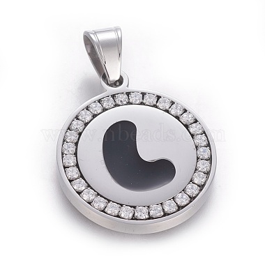 Stainless Steel Color Clear Flat Round Stainless Steel+Cubic Zirconia Pendants