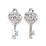 Alloy Crystal Rhinestone Pendants, Heart Key Charm, Platinum, 25x11x2mm, Hole: 2.5mm(ALRI-K049-10A)