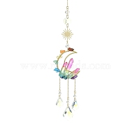 Moon/Sun Brass & Gemstone Pendants Decorations, with Stainless Steel Finding and Glass Leaf Charm, for Home Decorations, 300mm(HJEW-JM01266)