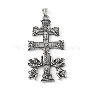 304 Stainless Steel Big Pendants, with 201 Stainless Steel Snap on Bails, Cross with Angel Charm, Antique Silver, 83x44.5x4mm, Hole: 9x4mm(STAS-K255-01AS)