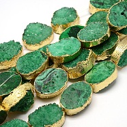 Golden Plated Dyed Oval Natural Druzy Quartz Crystal Beads Strands, Green, 30x22x5~12mm, Hole: 2mm, about 6pcs/strand, 7 inch(G-F144-06)