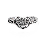 Heart with Flower Alloy Open Cuff Ring for Women, Cadmium Free & Lead Free, Antique Silver, US Size 5 1/2(16.1mm)(RJEW-T009-27AS)