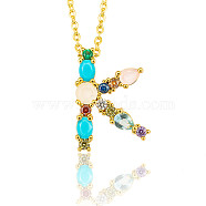 Golden Brass Micro Pave Cubic Zirconia Initial Pendants Necklaces, with Cable Chains, Colorful, Letter, Letter.K, 17.9~18.1 inch(45.5~46cm)x1.5mm, LetterK: 19x14x6mm(NJEW-S069-JN002-K)
