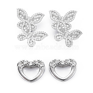 Brass Pave Clear Cubic Zirconia Clasps, Nickel Free, Butterfly, Real Platinum Plated, butterfly: 36.5x24x9.5mm, Hole: 1.2mm, Heart: 9x11x3mm, hole: 1.5x1mm(KK-S356-503-NF)