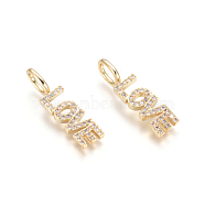 Brass Micro Pave Clear Cubic Zirconia Pendants, Word Love, for Valentine's Day, Golden, 24x6.5x2.5mm, Hole: 3.5x5.5mm(X-ZIRC-L085-41G)