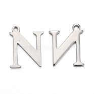 304 Stainless Steel Alphabet Charms, Stainless Steel Color, Letter.N, 12x9.5x1mm, Hole: 1mm(STAS-H122-N-P)
