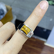 Rectangle Natural Tiger Eye Finger Ring, Stainless Steel Jewelry, Stainless Steel Color, US Size 12 1/4(21.5mm)(FIND-PW0021-07F-02)