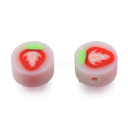 Handmade Polymer Clay Beads, Flat Round with Strawberry, Red, 9.5x4.5~5mm, Hole: 1.6mm(CLAY-N011-74)